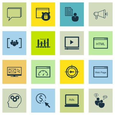 Set Seo, Pazarlama Ve Reklam Simgeleri Anahtar Kelime Sıralaması, E-posta Pazarlama, Odak Grubu Ve Daha Fazlası. Üstün Kaliteli Eps10 Vektör İllüstrasyon Mobil, Uygulama, Ui Tasarım için.