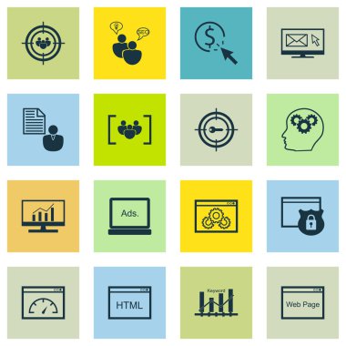 SEO, Pazarlama ve Reklam Simgeleri E- posta Pazarlaması, Tıklama Kadar Öde, Kapsamlı Analizler ve Daha Fazla. Mobil, Uygulama ve UI Tasarımı için Premium Kaliteli EPS10 Vektör İllüstrasyonu.