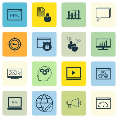 Seo, pazarlama ve simgeleri sayfa hızı, istemci kısa, Online danışmanlık ve daha fazla reklam kümesi. Premium Kalite Eps10 vektör çizim hareket eden, App, kullanıcı arabirimi tasarımı için.