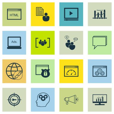 Set Seo, Pazarlama Ve Reklam Simgeleri Video Reklam, Seo Danışmanlık, Sayfa Hız Ve Daha Fazlası. Üstün Kaliteli Eps10 Vektör İllüstrasyon Mobil, Uygulama, Ui Tasarım için.