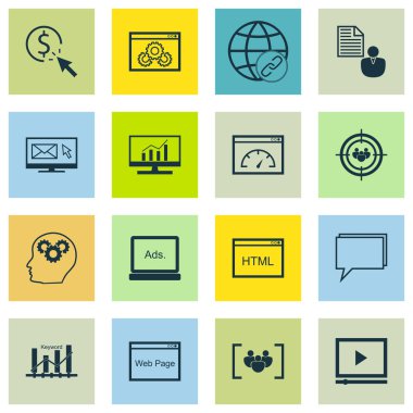 SEO, Pazarlama ve Reklam Simgeleri Her Tıklama, Web sitesi optimizasyonu, E-posta Pazarlaması ve daha fazlası. Mobil, Uygulama ve UI Tasarımı için Premium Kaliteli EPS10 Vektör İllüstrasyonu.