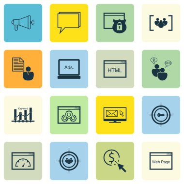 Set Seo, Pazarlama Ve Reklam Simgeleri Web Sitesi Koruma, Odak Grubu, Viral Pazarlama Ve Daha Fazlası. Üstün Kaliteli Eps10 Vektör İllüstrasyon Mobil, Uygulama, Ui Tasarım için.