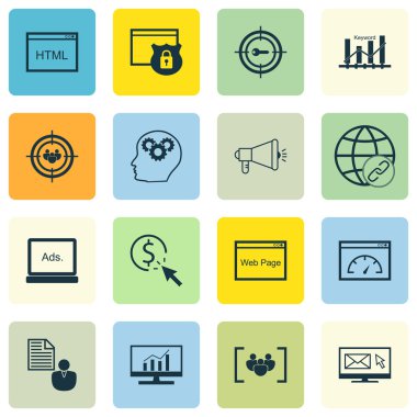 Set Seo, Pazarlama Ve Reklam Simgeleri Odak Grubu, Hedef Anahtar Kelimeler, Yaratıcılık Ve Daha Fazlası. Üstün Kaliteli Eps10 Vektör İllüstrasyon Mobil, Uygulama, Ui Tasarım için.