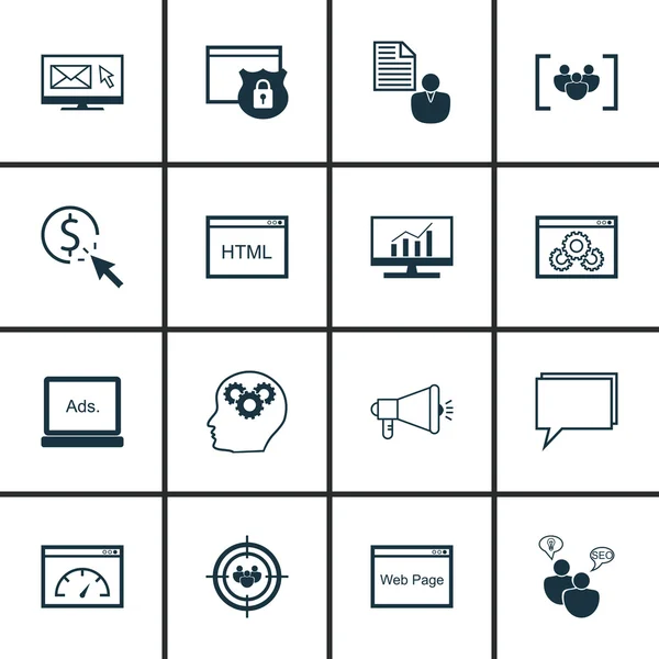 Uppsättning av ikoner för SEO, marknadsföring och annonsering på omfattande analys, sidhastighet, målgruppsinriktning med mera. Premium kvalitet Eps10 vektor illustration för mobil, app, UI design. — Stock vektor