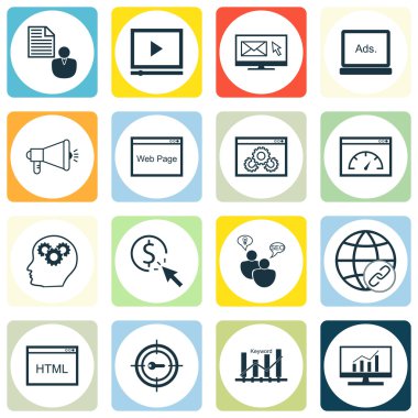 Set Seo, Pazarlama ve Reklam Simgeleri Sayfa Hızı, Html Kodu, Video Reklam Ve Daha Fazlası. Üstün Kaliteli Eps10 Vektör İllüstrasyon Mobil, Uygulama, Ui Tasarım için.