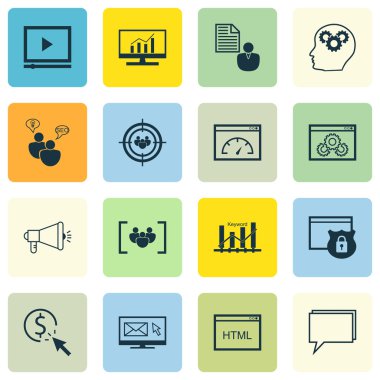 Set Seo, Pazarlama ve Reklam Simgeleri Hedefleyici, Html Kodu, Sayfa Hızı Ve Daha Fazlası. Üstün Kaliteli Eps10 Vektör İllüstrasyon Mobil, Uygulama, Ui Tasarım için.