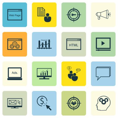 Set Of SEO, Marketing And Advertising Icons On Display Advertising, Website Optimization, Keyword Ranking And More. Premium Quality EPS10 Vector Illustration For Mobile, App, UI Design.