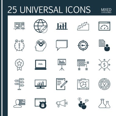 Evrensel Simgeler Karışık Kategoriler Kümesi. Karar Verme, Bağlantı Oluşturma, Çalışma Alanı ve daha fazlası gibi konularla ilgili simgeler içerir. Simgeler Web, Mobil ve Infografik Tasarım için Kullanılabilir.