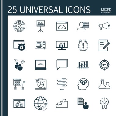 Evrensel Simgeler Karışık Kategoriler Kümesi. İstemci Özeti, İstatistikler, Kişilik ve daha fazlası gibi konularla ilgili simgeler içerir. Simgeler Web, Mobil ve Infografik Tasarım için Kullanılabilir.