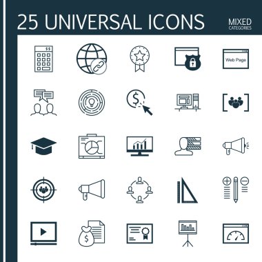 Evrensel Simgeler Karışık Kategoriler Kümesi. Kişilik, Yatırım, Takım Çalışması ve daha fazlası gibi konularla ilgili simgeler içerir. Simgeler Web, Mobil ve Infografik Tasarım için Kullanılabilir.