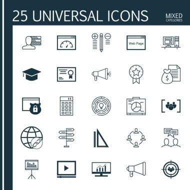 Evrensel Simgeler Karışık Kategoriler Kümesi. Hedef Kitle Hedefleme, İstatistikler, Cetveller ve daha fazlası gibi konularla ilgili simgeler içerir. Simgeler Web, Mobil ve Infografik Tasarım için Kullanılabilir.