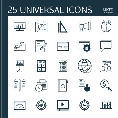 Evrensel Simgeler Karışık Kategoriler Kümesi. Hedef Anahtar Kelimeler, İstatistikler, Promosyon ve daha fazlası gibi konularla ilgili simgeler içerir. Simgeler Web, Mobil ve Infografik Tasarım için Kullanılabilir.