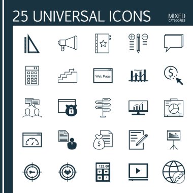 Evrensel Simgeler Karışık Kategoriler Kümesi. Kapsamlı Analitik, Bağlantı Oluşturma, Web Sayfası ve daha fazlası gibi konularla ilgili simgeler içerir. Simgeler Web, Mobil ve Infografik Tasarım için Kullanılabilir.