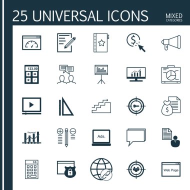 Evrensel Simgeler Karışık Kategoriler Kümesi. Not Defteri, Para Geliri, Müşteri Özeti ve daha fazlası gibi konularda simgeler içerir. Simgeler Web, Mobil ve Infografik Tasarım için Kullanılabilir.