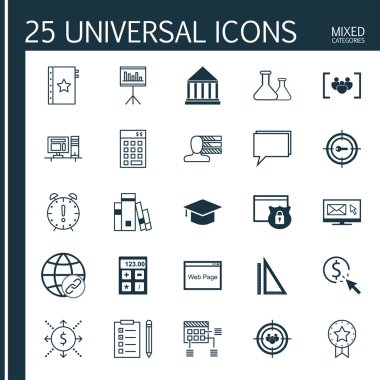 Evrensel Simgeler Karışık Kategoriler Kümesi. Kalite Yönetimi, Hesap Makinesi, İstatistik ler ve daha fazlası gibi konularda simgeler içerir. Simgeler Web, Mobil ve Infografik Tasarım için Kullanılabilir.