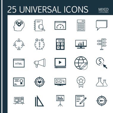 Evrensel Simgeler Karışık Kategoriler Kümesi. Flask, Online Consulting, Rulers ve daha fazlası gibi konular hakkında simgeler içerir. Simgeler Web, Mobil ve Infografik Tasarım için Kullanılabilir.