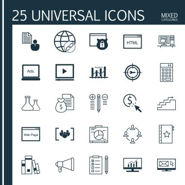 Evrensel Simgeler Karışık Kategoriler Kümesi. Tıklama Başına Öde, Takım Çalışması, Odak Grubu ve daha fazlası gibi konularla ilgili simgeler içerir. Simgeler Web, Mobil ve Infografik Tasarım için Kullanılabilir.