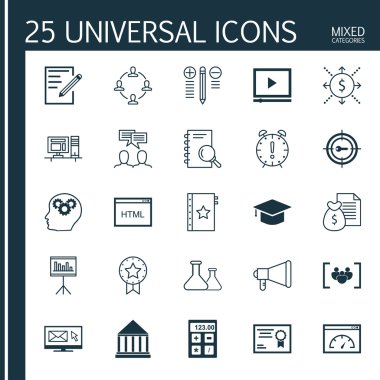 Evrensel Simgeler Karışık Kategoriler Kümesi. Hedef Anahtar Kelimeler, Flask, Takım Toplantısı ve daha fazlası gibi konularla ilgili simgeler içerir. Simgeler Web, Mobil ve Infografik Tasarım için Kullanılabilir.