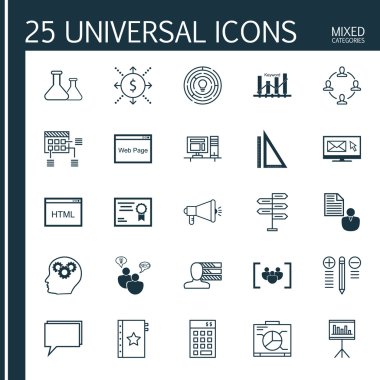 Evrensel Simgeler Karışık Kategoriler Kümesi. Planlama, Flask, Seo Danışmanlık ve daha fazlası gibi konular simgeler içerir. Simgeler Web, Mobil ve Infografik Tasarım için Kullanılabilir.