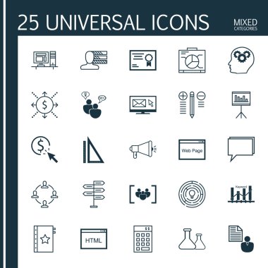 Evrensel Simgeler Karışık Kategoriler Kümesi. Viral Pazarlama, Yaratıcılık, Kalite Yönetimi ve daha fazlası gibi konularda simgeler içerir. Simgeler Web, Mobil ve Infografik Tasarım için Kullanılabilir.