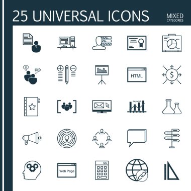Evrensel Simgeler Karışık Kategoriler Kümesi. Grafik, Takım Çalışması, Yaratıcılık ve daha fazlası gibi konularla ilgili simgeler içerir. Simgeler Web, Mobil ve Infografik Tasarım için Kullanılabilir.