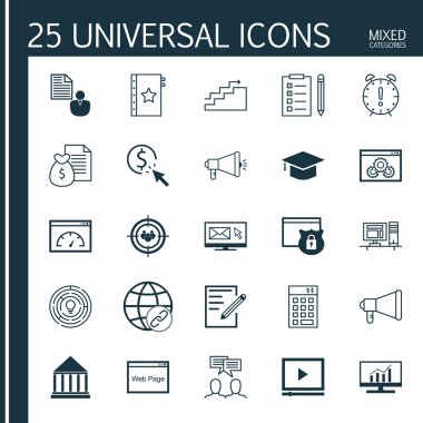 Evrensel Simgeler Karışık Kategoriler Kümesi. Yaratıcılık, Hedef Kitle Hedefleme, Web Sitesi Koruması ve daha fazlası gibi konularda simgeler içerir. Simgeler Web, Mobil ve Infografik Tasarım için Kullanılabilir.