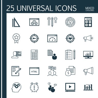 Evrensel Simgeler Karışık Kategoriler Kümesi. En İyi Çözüm, Promosyon, Viral Pazarlama ve daha fazlası gibi konularda simgeler içerir. Simgeler Web, Mobil ve Infografik Tasarım için Kullanılabilir.