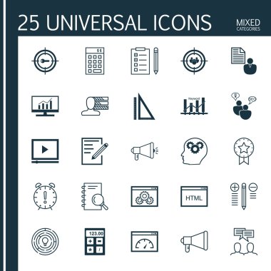Evrensel Simgeler Karışık Kategoriler Kümesi. Hedef Kitle Hedefleme, Promosyon, Web Sitesi Optimizasyonu ve daha fazlası gibi konularda simgeler içerir. Simgeler Web, Mobil ve Infografik Tasarım için Kullanılabilir.