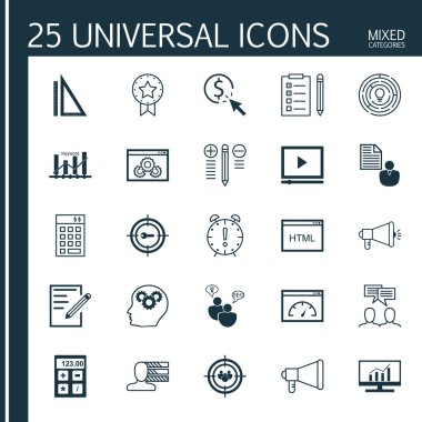 Evrensel Simgeler Karışık Kategoriler Kümesi. Yaratıcılık, Takım Toplantısı, Sayfa Hızı ve daha fazlası gibi konularla ilgili simgeler içerir. Simgeler Web, Mobil ve Infografik Tasarım için Kullanılabilir.