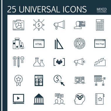 Evrensel Simgeler Karışık Kategoriler Kümesi. Kişilik, Yatırım, Kalite Yönetimi ve daha fazlası gibi konularda simgeler içerir. Simgeler Web, Mobil ve Infografik Tasarım için Kullanılabilir.