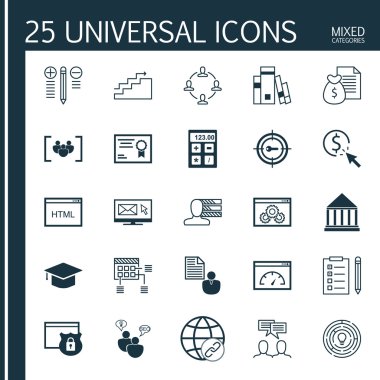 Evrensel Simgeler Karışık Kategoriler Kümesi. Kişilik, Html Kodu, Takım Çalışması ve daha fazlası gibi konularla ilgili simgeler içerir. Simgeler Web, Mobil ve Infografik Tasarım için Kullanılabilir.