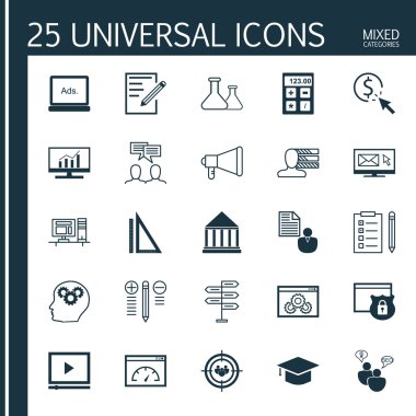 Evrensel Simgeler Karışık Kategoriler Kümesi. Promosyon, Sayfa Hızı, Görüntülü Reklamcılık ve daha fazlası gibi konularla ilgili simgeler içerir. Simgeler Web, Mobil ve Infografik Tasarım için Kullanılabilir.