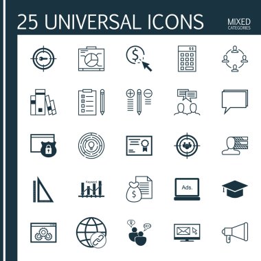 Evrensel Simgeler Karışık Kategoriler Kümesi. Görev Listesi, Takım Çalışması, Para Geliri ve daha fazlası gibi konularda simgeler içerir. Simgeler Web, Mobil ve Infografik Tasarım için Kullanılabilir.