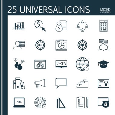 Evrensel Simgeler Karışık Kategoriler Kümesi. Seo Danışmanlık, Anahtar Kelime Sıralaması, Tıklama Başına Ödeme ve daha fazlası gibi konularda simgeler içerir. Simgeler Web, Mobil ve Infografik Tasarım için Kullanılabilir.