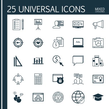 Evrensel Simgeler Karışık Kategoriler Kümesi. Ekip Çalışması, Hedef Anahtar Kelimeler, Web Sitesi Koruması ve daha fazlası gibi konularla ilgili simgeler içerir. Simgeler Web, Mobil ve Infografik Tasarım için Kullanılabilir.
