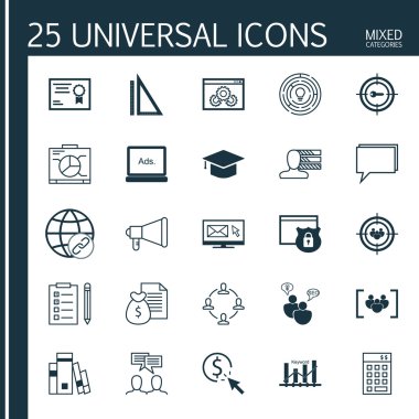 Evrensel Simgeler Karışık Kategoriler Kümesi. Web Sitesi Koruma, Diploma, Şapka ve daha fazlası gibi konularda simgeler içerir. Simgeler Web, Mobil ve Infografik Tasarım için Kullanılabilir.