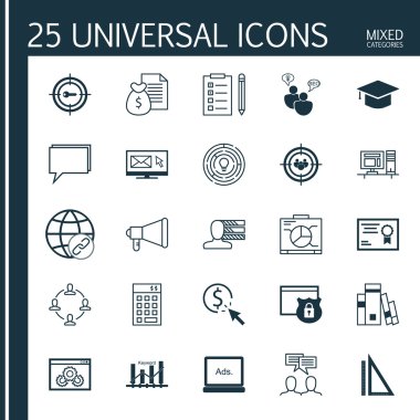 Evrensel Simgeler Karışık Kategoriler Kümesi. Görev Listesi, Para Geliri, E-posta Pazarlaması ve daha fazlası gibi konularda simgeler içerir. Simgeler Web, Mobil ve Infografik Tasarım için Kullanılabilir.