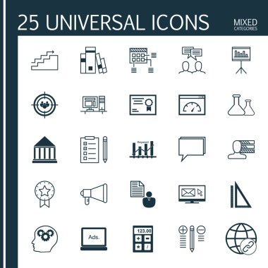 Evrensel Simgeler Karışık Kategoriler Kümesi. E-posta Pazarlaması, İstatistikler, Grafikler ve daha fazlası gibi konularla ilgili simgeler içerir. Simgeler Web, Mobil ve Infografik Tasarım için Kullanılabilir.