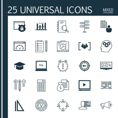 Evrensel Simgeler Karışık Kategoriler Kümesi. Cetveller, İstemci Özeti, Grafik ve daha fazlası gibi konularla ilgili simgeler içerir. Simgeler Web, Mobil ve Infografik Tasarım için Kullanılabilir.