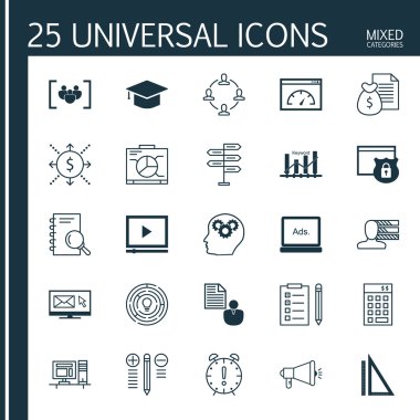 Evrensel Simgeler Karışık Kategoriler Kümesi. Nakit Akışı, Çalışma Alanı, Görüntülü Reklam cılık ve daha fazlası gibi konularla ilgili simgeler içerir. Simgeler Web, Mobil ve Infografik Tasarım için Kullanılabilir.