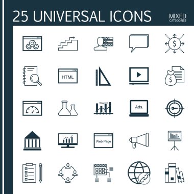 Evrensel Simgeler Karışık Kategoriler Kümesi. Para Geliri, Kitap, Flask ve daha fazlası gibi konularda simgeler içerir. Simgeler Web, Mobil ve Infografik Tasarım için Kullanılabilir.