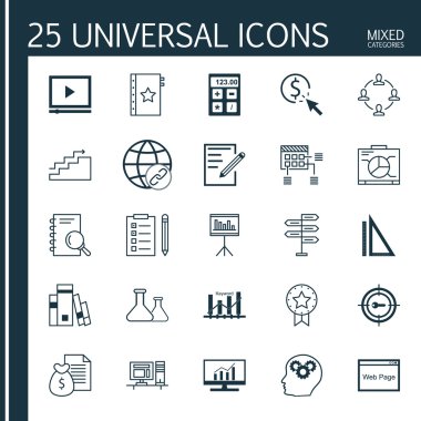 Web Sayfasında Evrensel Simgeler Seti, Araştırma, Grafikler ve Daha Fazlası. Üstün Kaliteli Eps10 Vektör İllüstrasyon Web, Mobil ve Infographic Tasarım için.