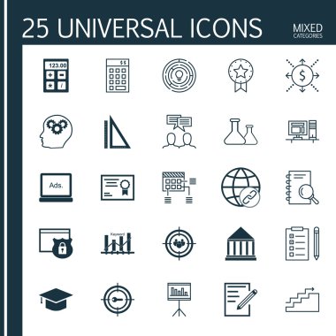 Ekranda Reklam, Planlama, Flask Ve Daha Evrensel Simgeler Ayarlayın. Üstün Kaliteli Eps10 Vektör İllüstrasyon Web, Mobil ve Infographic Tasarım için.