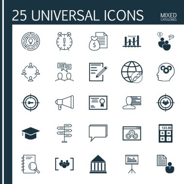 Seyirci Hedefleme, Takım Toplantısı, Para Geliri ve Daha Fazlası Üzerine Evrensel Simgeler Seti. Üstün Kaliteli Eps10 Vektör İllüstrasyon Web, Mobil ve Infographic Tasarım için.