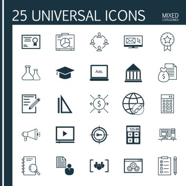 Diploma, Hesap Makinesi, Odak Grubu Ve Daha Fazlası Üzerine Evrensel Simgeler Seti. Üstün Kaliteli Eps10 Vektör İllüstrasyon Web, Mobil ve Infographic Tasarım için.