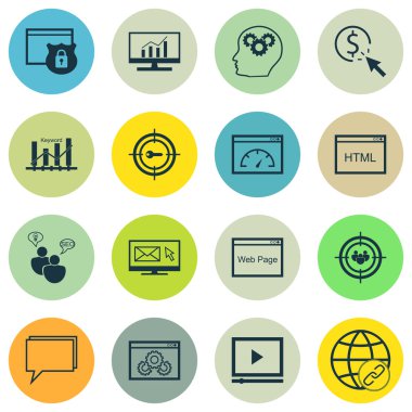 Set 16 Evrensel Simgeler Ppc, Seo Brainstorm, Konferans Ve Daha Fazla Konu. Odak Grubu, Beyin İşlemi, Video Oynatıcı ve Diğer Simgeleri Içeren Vektör Simge Seti.