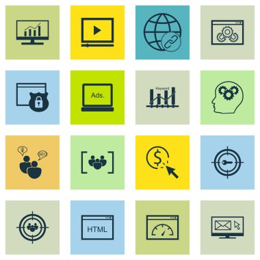 SEO, Pazarlama ve Reklam Simgeleri Anket, Anahtar Sözcük Pazarlama, SEO Beyin Fırtınası ve Daha fazlası. Anket, Bağlantı, Güvenlik ve Diğer Vektör Simgelerini içerir.