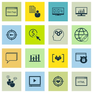 Set Seo, Pazarlama Ve Reklam Simgeleri Anahtar Kelime Pazarlama, Pazar Araştırması, Beyin Süreci Ve Daha Fazlası. Web Sitesi, Anket, Anahtar Kelime Pazarlama ve Diğer Vektör Simgeleri içerir.