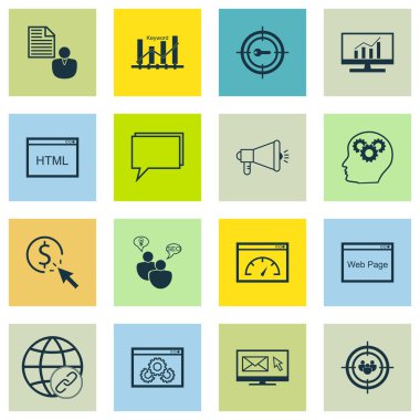 Set Seo, Pazarlama ve Reklam Simgeleri Medya Kampanyası, Bağlantı, Rapor Ve Daha Fazlası. Ppc, Beyin Süreci, Web Sitesi ve Diğer Vektör Simgeleri içerir.