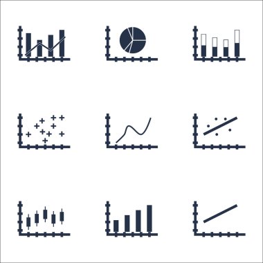 Grafikler, diyagramlar ve istatistik simgeler kümesi. Premium Kalite simgesi derleme. Simgeler, Web, uygulama ve kullanıcı arabirimi tasarımı için kullanılabilir. Vektör çizim, Eps10.